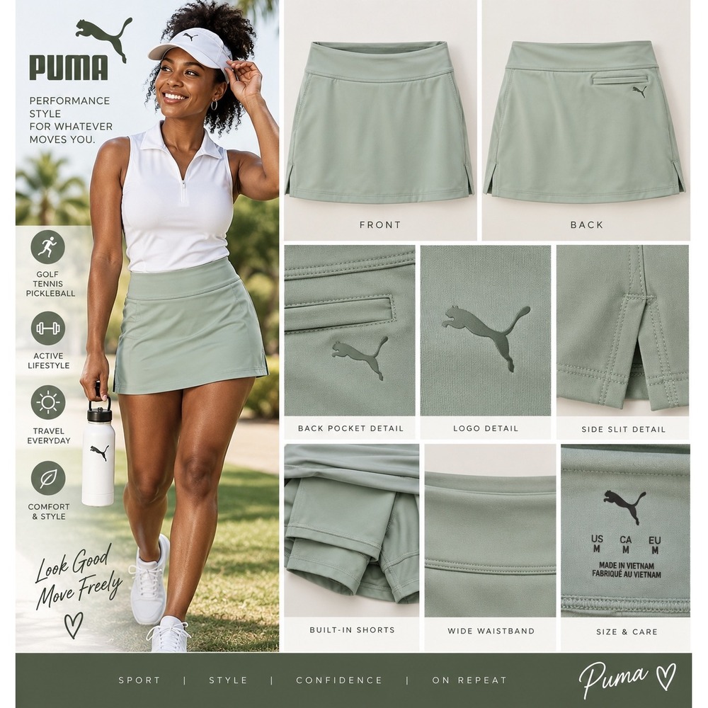 Puma Womens M Golf Tennis Skort Sage Green Built In Shorts Athletic 14in